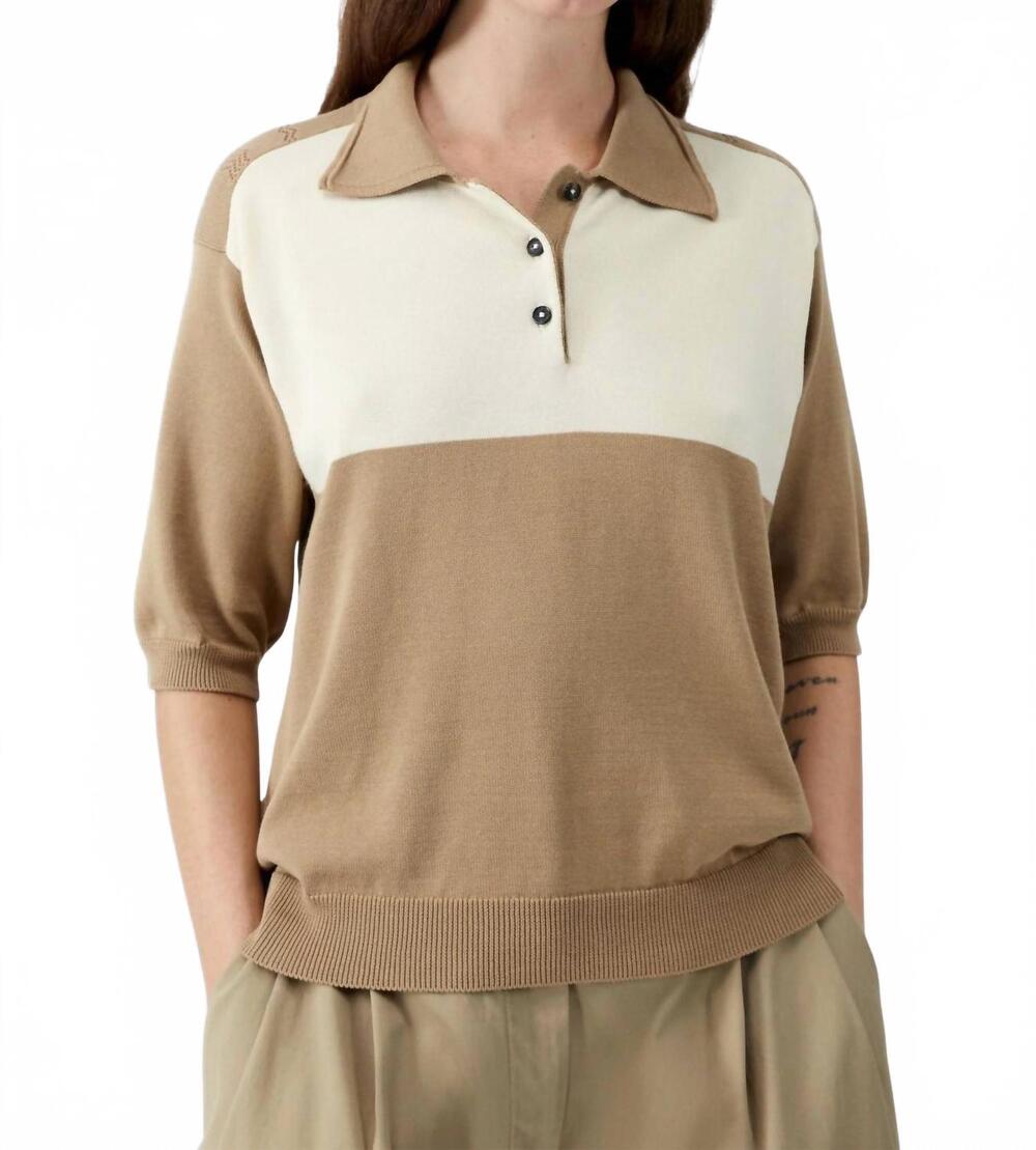 NEW CORDERA organic cotton colorblock polo shirt in camel